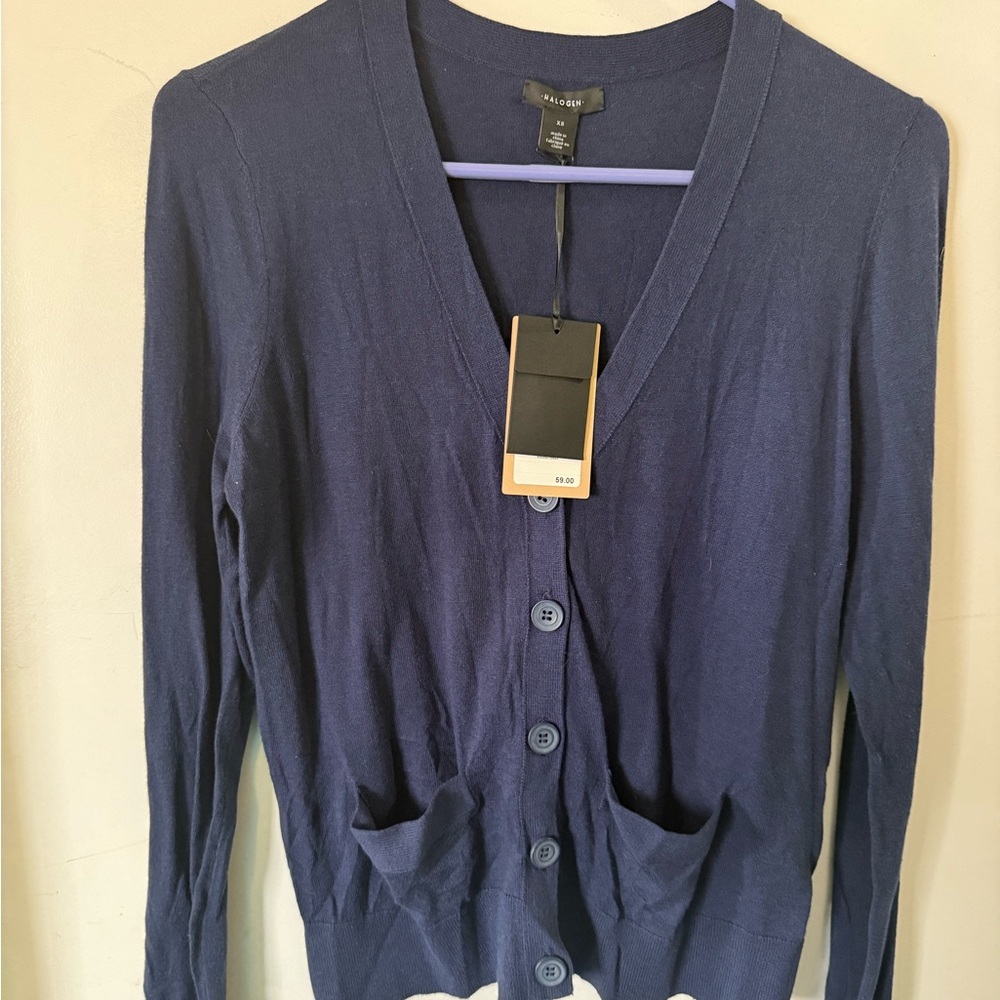 Woman’s Navy Blue Cardigan Button Down Front Pockets Soft XS NWT